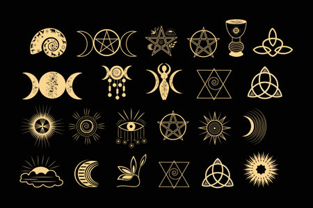 A set of esoteric elements.Tattoo alchemy and spiritual, witchcraft magician and occult.のイラスト素材