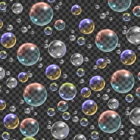 Flying transparent soap bubbles on checkered background.Reaistic colored balls.Vector texture.のイラスト素材