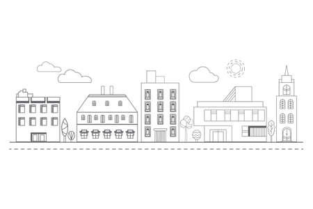 Solar panels and attics on the roofs of buildings. Sky with clouds and sun.のイラスト素材