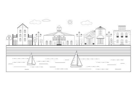 Monochrome cityscape with residential houses and shops. City street with modern houses, villas and a church.のイラスト素材