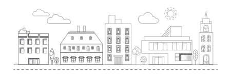 Monochrome cityscape with residential houses and shops. City street with modern houses, villas and a church.のイラスト素材