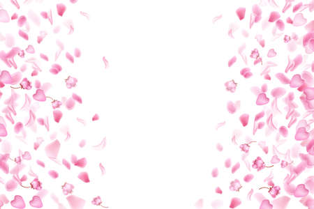 Nature horizontal background.Pink falling sakura petals and flowers.のイラスト素材
