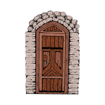 Closed snow covered entrance in snow with Christmas wreath.Hand drawn vintage door.のイラスト素材