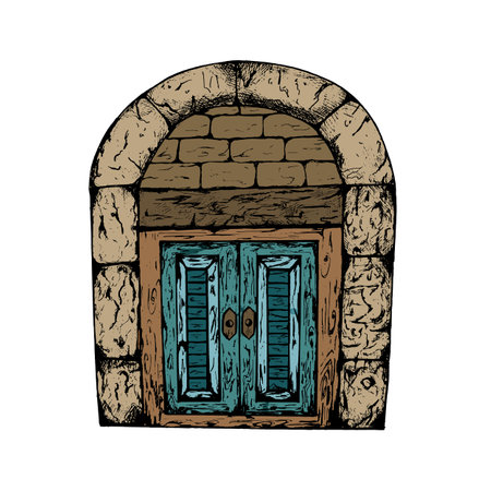 Closed snow covered entrance in snow with Christmas wreath.Hand drawn vintage door.のイラスト素材