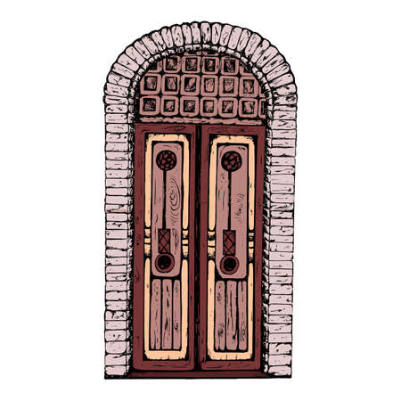 Closed snow covered entrance in snow with Christmas wreath.Hand drawn vintage door.のイラスト素材