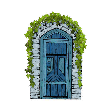 Closed snow covered entrance in snow with Christmas wreath.Hand drawn vintage door.のイラスト素材