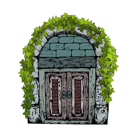 Closed snow covered entrance in snow with Christmas wreath.Hand drawn vintage door.のイラスト素材