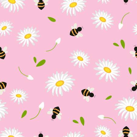 Wild wasps in a flower meadow.Seamless pattern of chamomile, daisy, with fly bee on a pink background.のイラスト素材