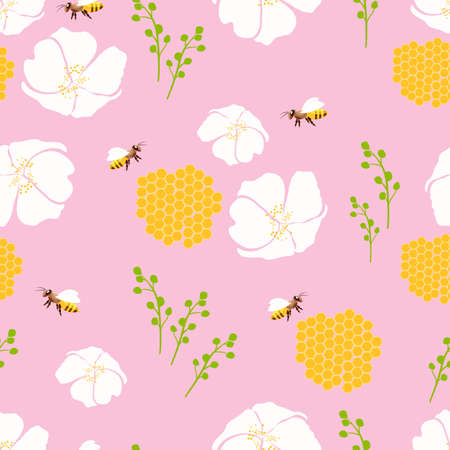 Wild wasps in a flower meadow.Seamless pattern of chamomile, daisy, with fly bee on a pink background.のイラスト素材