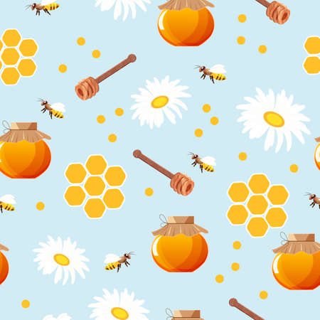 Wild wasps in a flower meadow.Seamless pattern of chamomile, daisy, with fly bee on a pink background.のイラスト素材