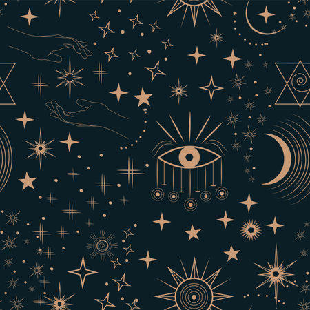 The main magical signs of the tarot.Golden linear drawing and trendy style.Star seamless pattern and Boho astrology.のイラスト素材