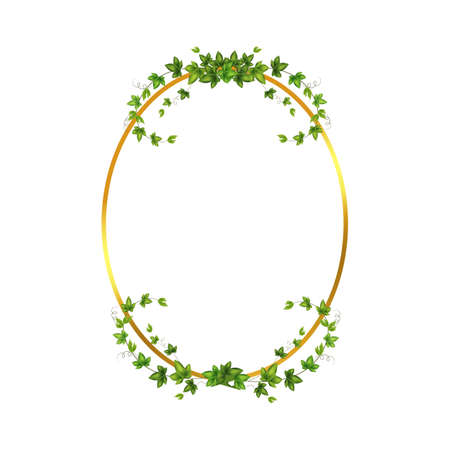 Golden frame with green branch.Abstract invitation design with leaves, tvigs and geometric frame.Herbal minimalistic vector frame.Greenery wedding square invitation.のイラスト素材