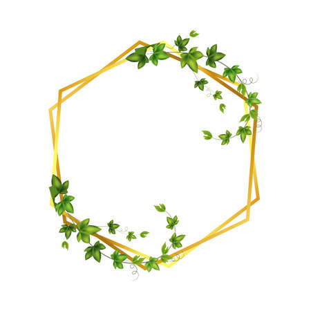 Golden frame with green branch.Abstract invitation design with leaves, tvigs and geometric frame.Herbal minimalistic vector frame.Greenery wedding square invitation.のイラスト素材