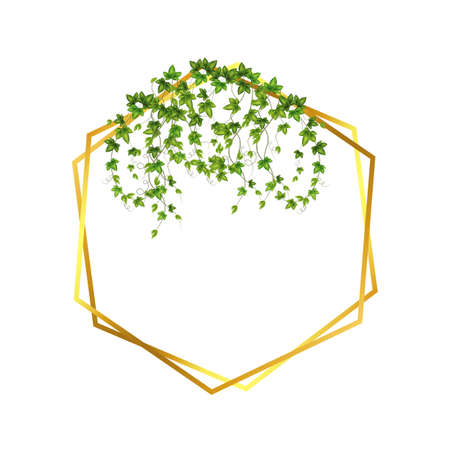 Golden frame with green branch.Abstract invitation design with leaves, tvigs and geometric frame.Herbal minimalistic vector frame.Greenery wedding square invitation.のイラスト素材