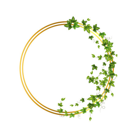 Golden frame with green branch.Abstract invitation design with leaves, tvigs and geometric frame.Herbal minimalistic vector frame.Greenery wedding square invitation.のイラスト素材