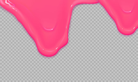Flowing realistic pink sweet melting icing on transparent background.Dripping glossy pink slime.Spreading sause,cream, milk or caramel.Border of shiny flowing sticky.のイラスト素材