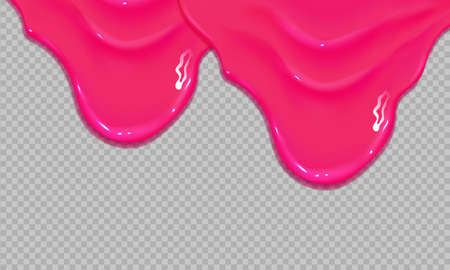 Flowing realistic pink sweet melting icing on transparent background.Dripping glossy pink slime.Spreading sause,cream, milk or caramel.Border of shiny flowing sticky.のイラスト素材