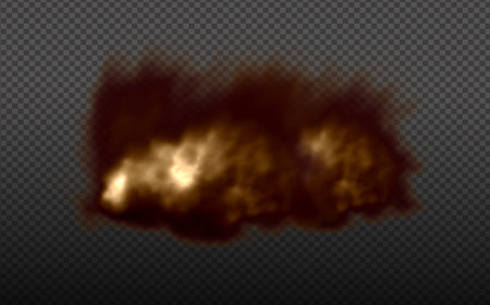 Dust cloud with fire, cigarette smoke and black smog. Realistic vector isolated on transparent background. Concept house cleaning, air pollution, big explosion, desert sandstorm.のイラスト素材