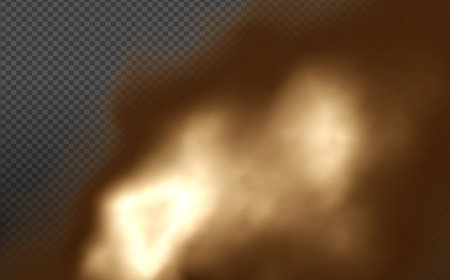 Dust cloud with fire, cigarette smoke and black smog. Realistic vector isolated on transparent background. Concept house cleaning, air pollution, big explosion, desert sandstorm.のイラスト素材