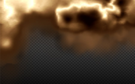Dust cloud with fire, cigarette smoke and black smog. Realistic vector isolated on transparent background. Concept house cleaning, air pollution, big explosion, desert sandstorm.のイラスト素材