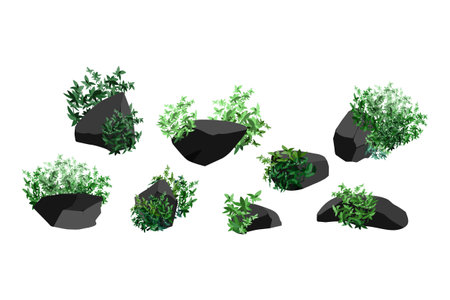 Collection of pieces of coal, graphite, basalt and anthracite. A set of black charcoal of various shapes and plants. The concept of mining and ore in a mine. Rock fragments, boulders.のイラスト素材