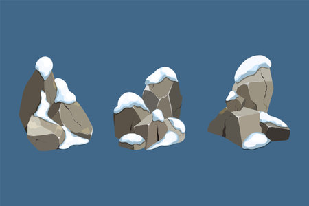 Collection of pieces of coal, graphite, basalt and anthracite. A set of black charcoal of various shapes in the snow. The concept of mining and ore in a mine. Rock fragments and boulders.のイラスト素材