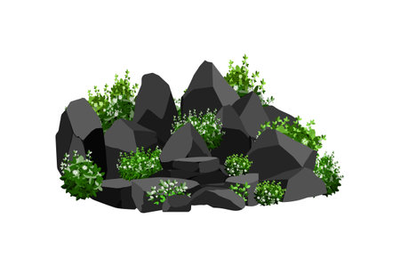 3d render of rock garden with grass and flowers. Isolated on white background.のイラスト素材