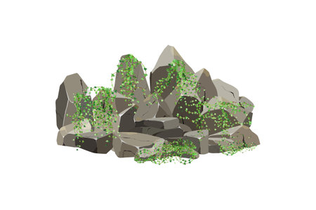 Coastal pebbles,cobblestones,gravel,minerals and geological formations.Rock fragments,boulders.Collection of stones of various shapes and plants, for computer games isolated on white background.のイラスト素材