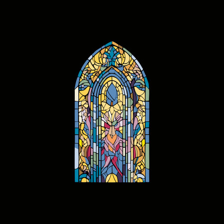 Catholic or Christian decorations. Church panes decorated with colored mosaic glass in different shapes. Beautiful collection of vitreous paint windows with an abstractのイラスト素材