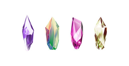 Glass shiny crystals with different shades reflecting light. A collection of images of diamonds of...