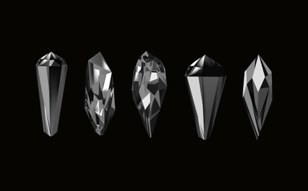 Glass shiny crystals with different shades reflecting light. A collection of images of black diamonds of various geometric shapes and sizes. Vector realistic set of glow gemstone or colorful ice.のイラスト素材