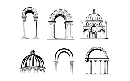 Set of vector illustrations of ancient architecture. Isolated on white background.のイラスト素材