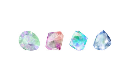 Glass shiny crystals with different shades reflecting light. A collection of images of diamonds of various geometric shapes, colors and sizes. Vector realistic set of glow gemstone or colorful ice.のイラスト素材