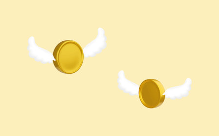 A shiny flying gold coin with gilded wings on a yellow background. A symbol of good luck and success in financial affairs. Release from financial shackles and achieving the goal.のイラスト素材