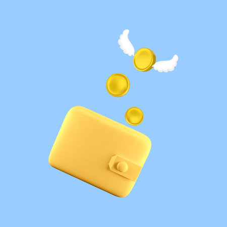 Illustration of a yellow wallet with flying gold coins on a blue backgroundのイラスト素材