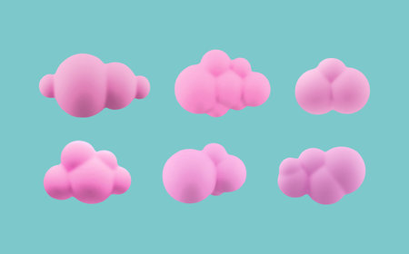 Set of 3d pink clouds isolated on blue background. Vector illustration.のイラスト素材