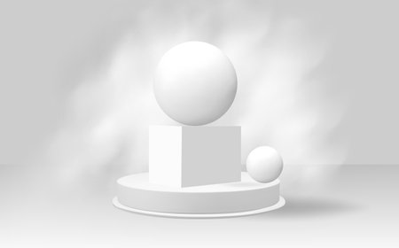 White podium with white balls on a white background. 3d renderingのイラスト素材
