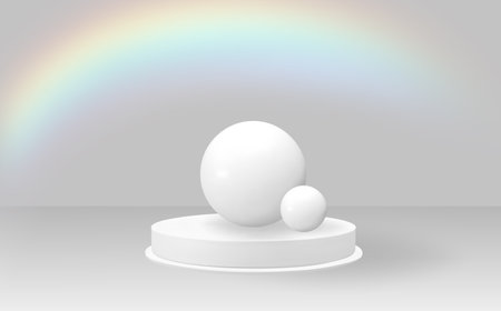 White podium with white balls on the background of the rainbow. vector illustrationのイラスト素材