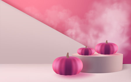3d render, abstract background with podiums and pumpkins.のイラスト素材