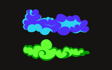Cartoon clouds in blue and green colors on a black background.のイラスト素材
