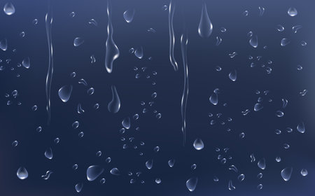 Realistic rain drops on a dark blue background. Vector illustration.のイラスト素材