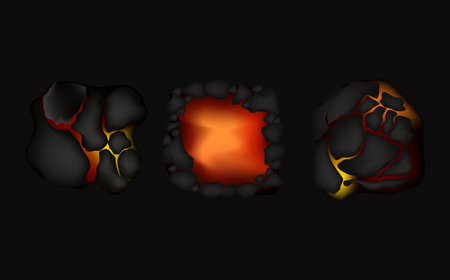 Set of 3d realistic lava stones. Vector illustration isolated on black background.のイラスト素材