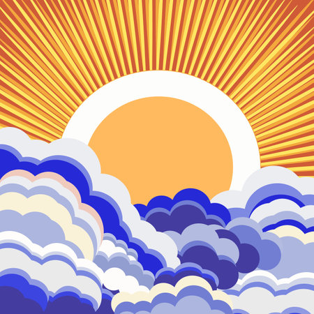 Sunset with clouds and sun in the sky. Vector illustration.のイラスト素材
