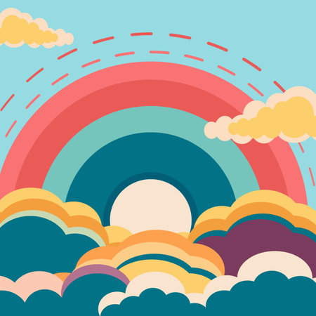 Rainbow and clouds in the sky. Vector illustration in flat style.のイラスト素材