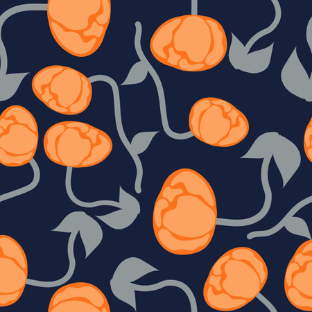 Seamless pattern with orange tulips on dark blue background.