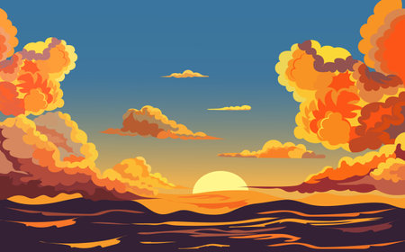 Beautiful sunset over the sea. Vector illustration in cartoon style.のイラスト素材