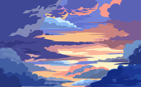 Sunset sky with clouds. Vector illustration in flat cartoon style.のイラスト素材