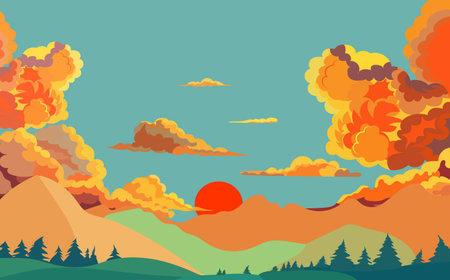 Sunset in the mountains. Vector illustration in a flat style.のイラスト素材