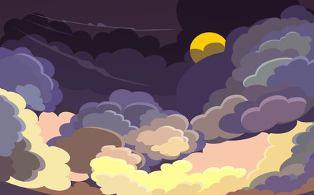 Night sky with clouds and sun. Colorful vector illustration in cartoon style.のイラスト素材