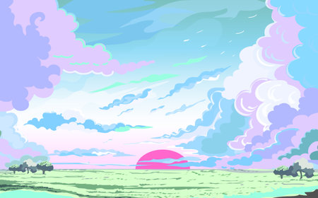Summer landscape with clouds and sun in the sky. Vector illustration.のイラスト素材